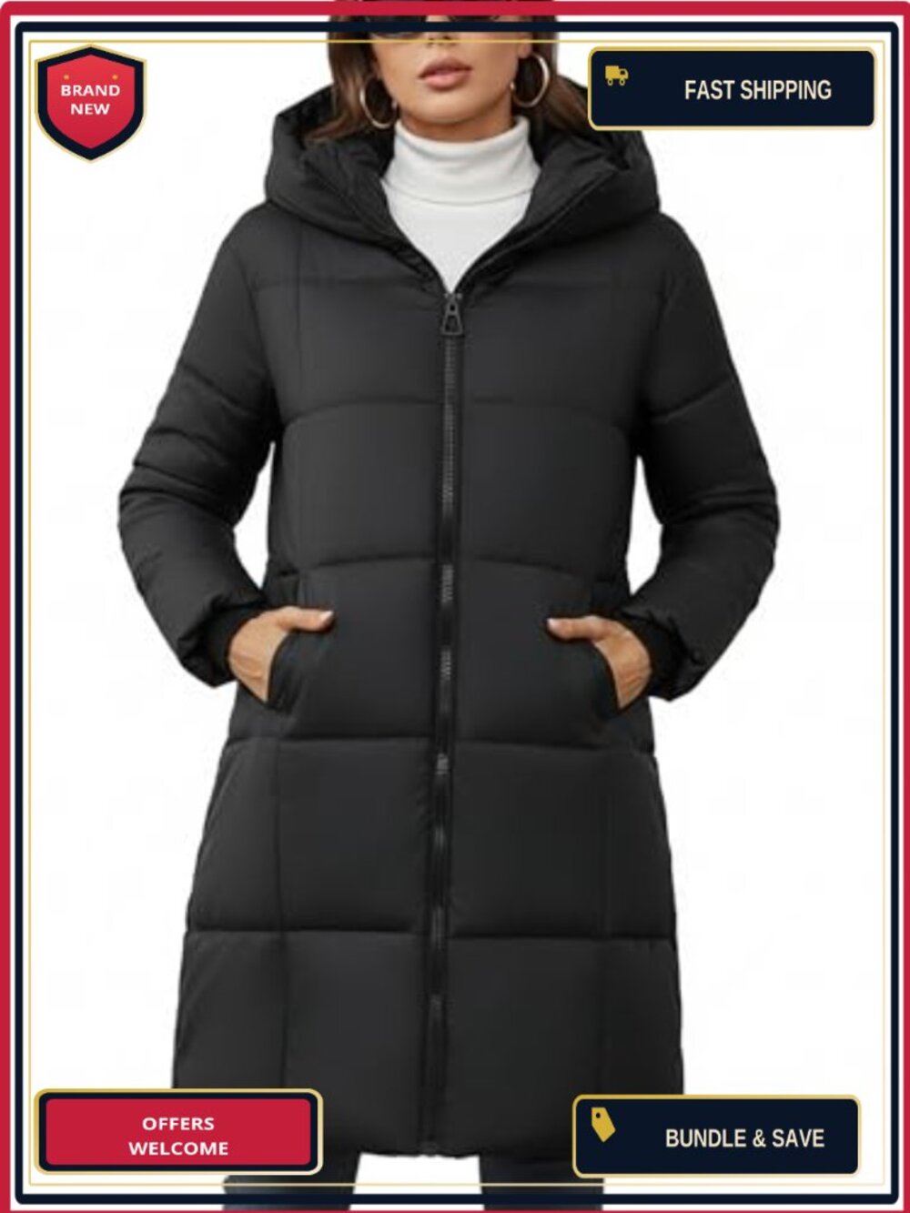 Women's Hooded Puffer Coat Quilted Long Jacket Full Zip Winter